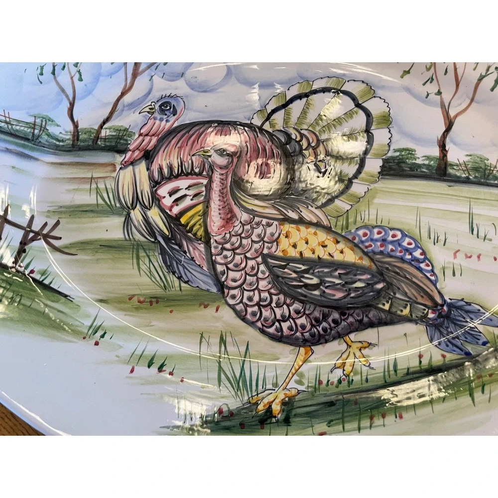 FB Co Italy Hand Painted Turkey Platter Large Oval Thanksgiving Serving Dish